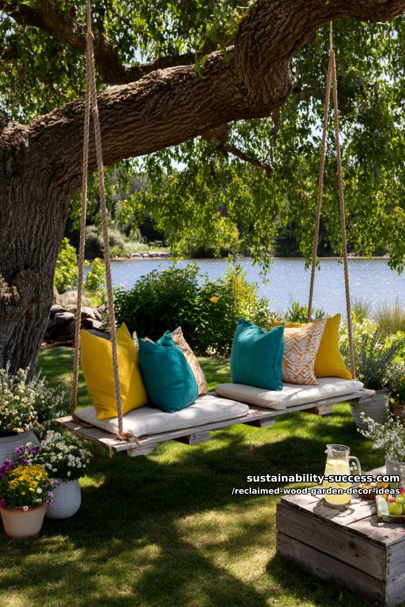 floating pallet tree swings with rope and cozy, colorful cushions 1