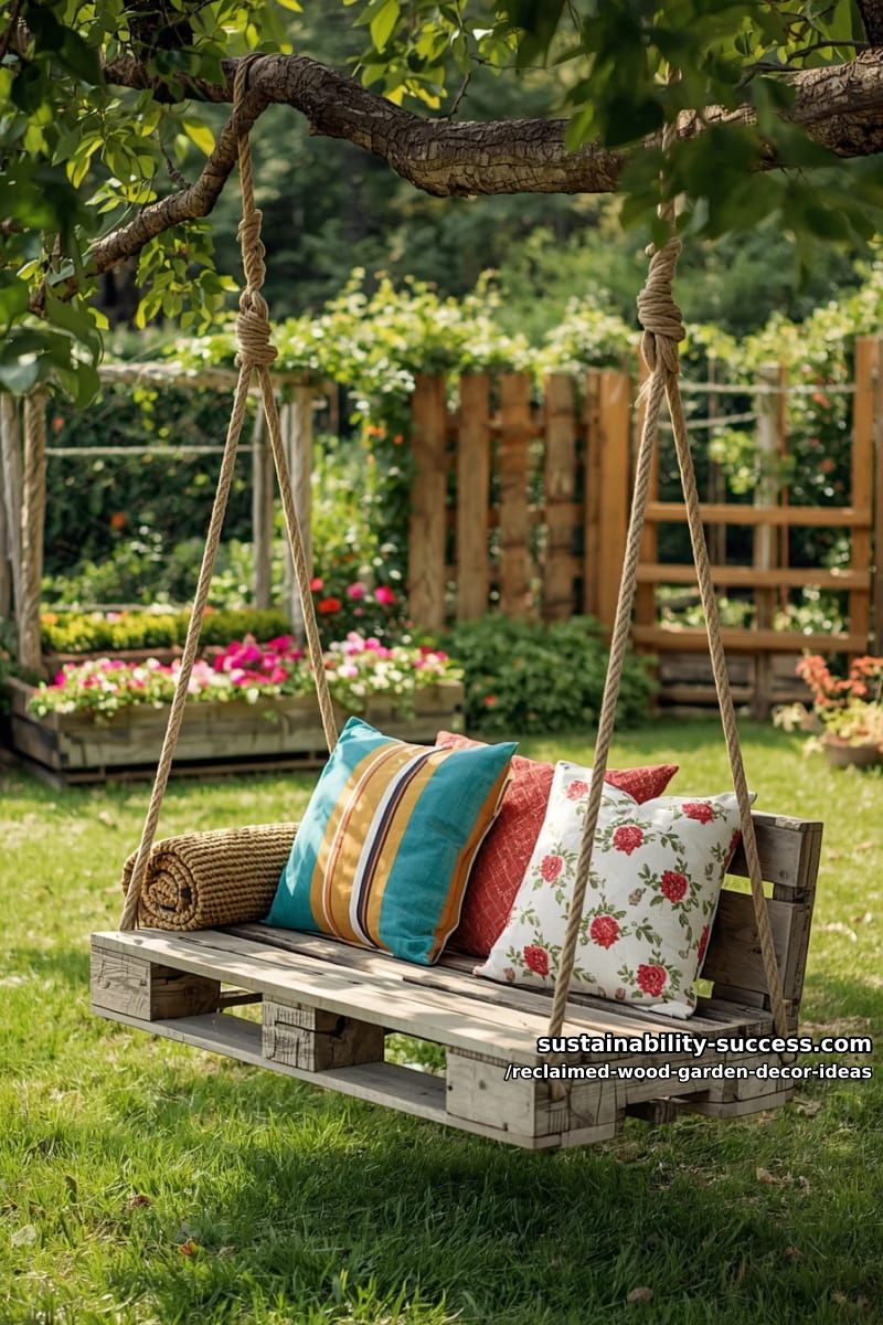 floating pallet tree swings with rope and cozy, colorful cushions 1