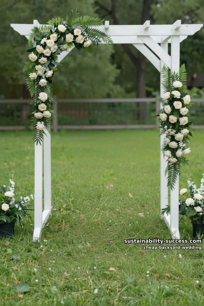 floral arch in lush outdoor wedding setting 1