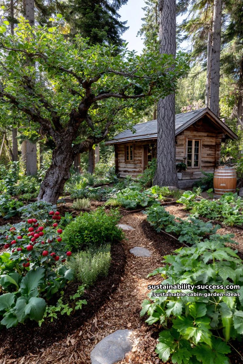 forest garden with fruit trees, berry bushes, and companion plantings 1