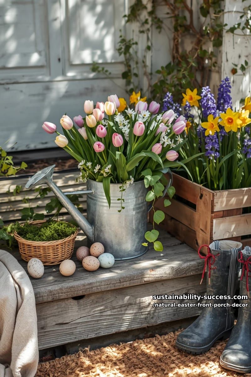 galvanized metal watering can with fresh spring florals and trailing ivy 1