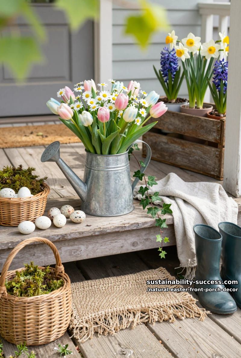 galvanized metal watering can with fresh spring florals and trailing ivy 1