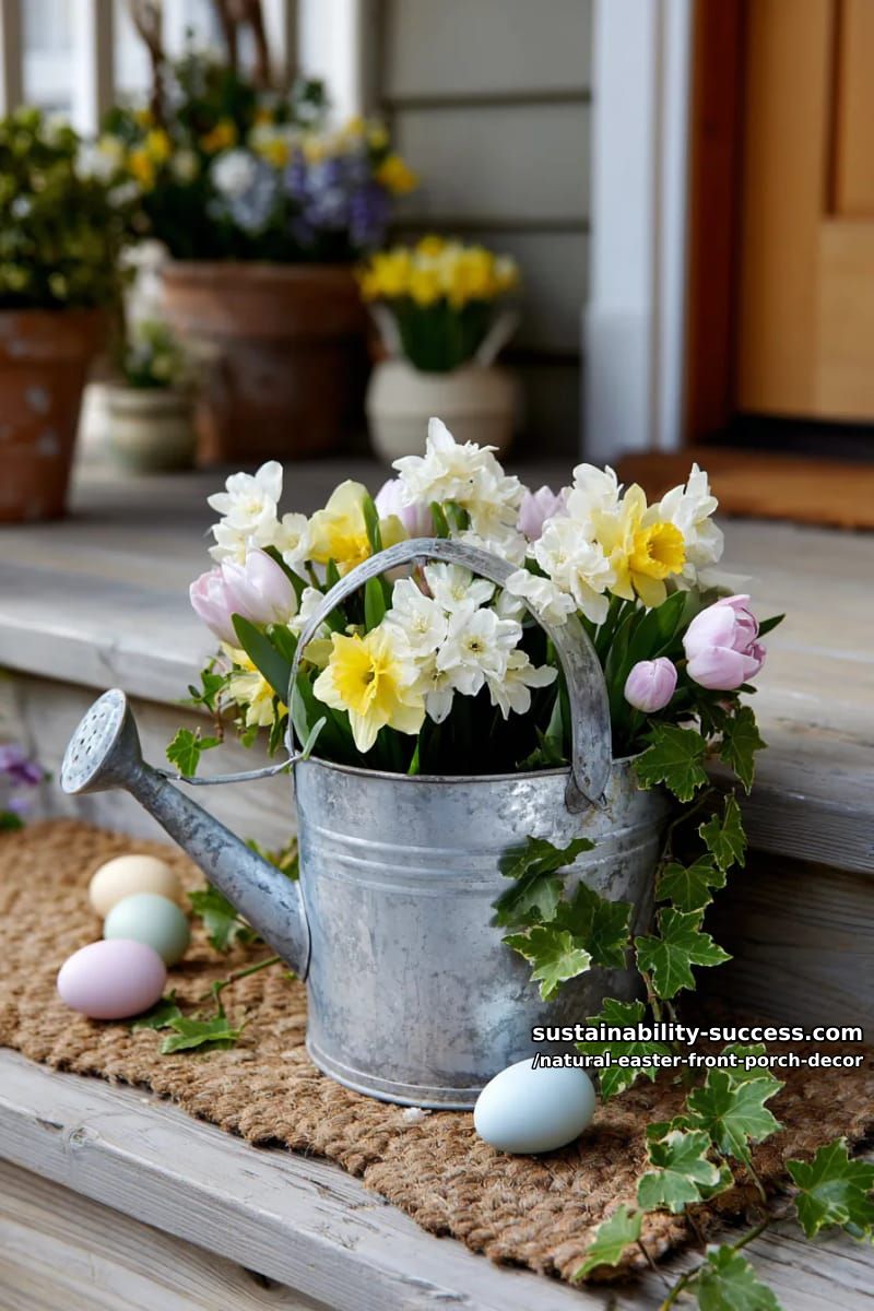 galvanized metal watering can with fresh spring florals and trailing ivy 1