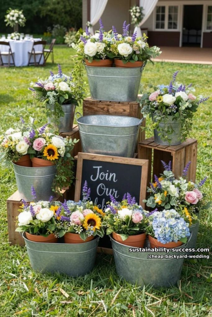 galvanized tubs with potted plants for rustic outdoor garden decoration 15