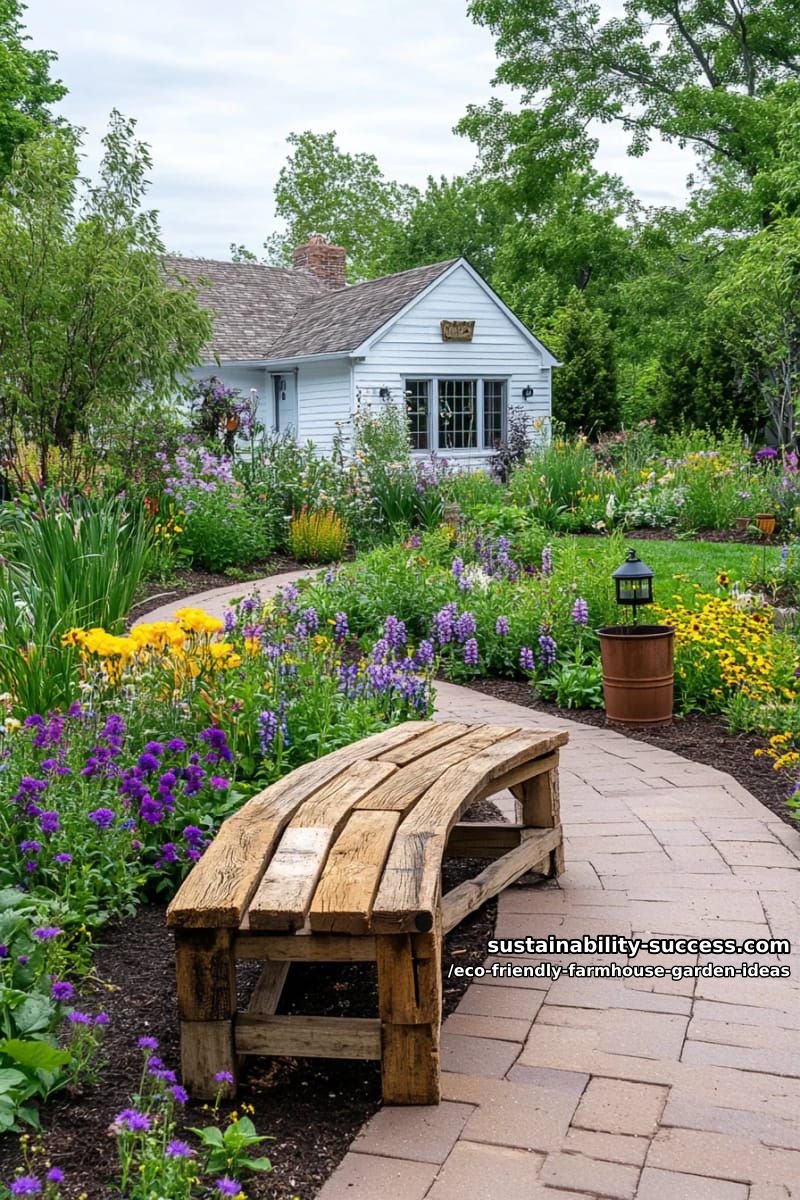 garden benches crafted from weathered pallets surrounded by sustainable perennial borders 1