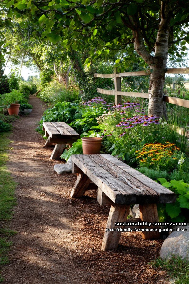garden benches crafted from weathered pallets surrounded by sustainable perennial borders 1
