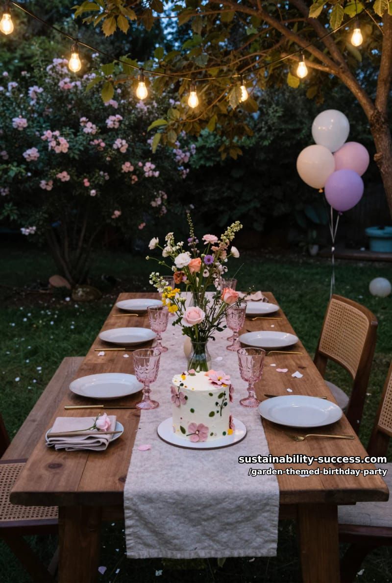 garden dinner party at dusk with pink glassware and edison bulbs. 1