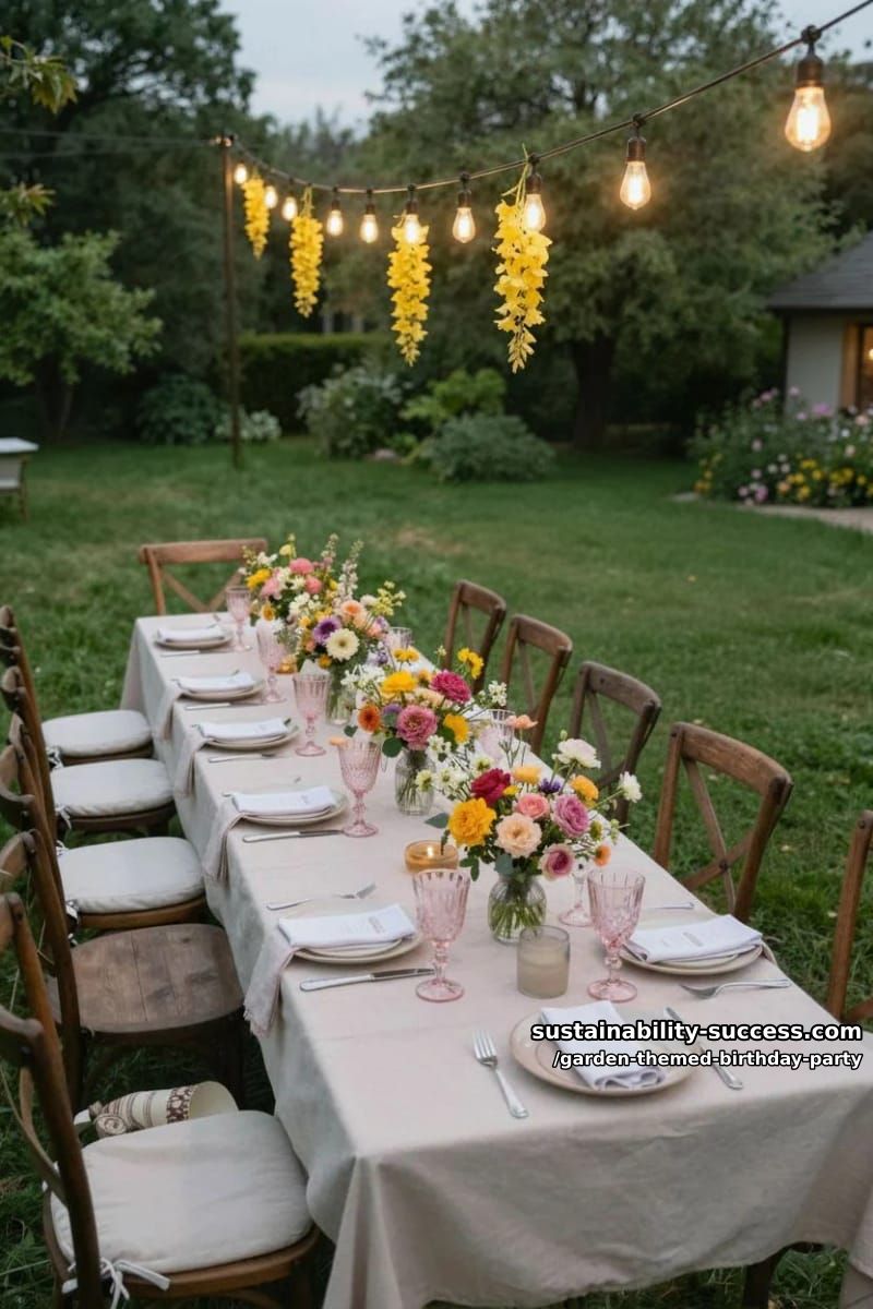 garden dinner party at dusk with pink glassware and edison bulbs. 1