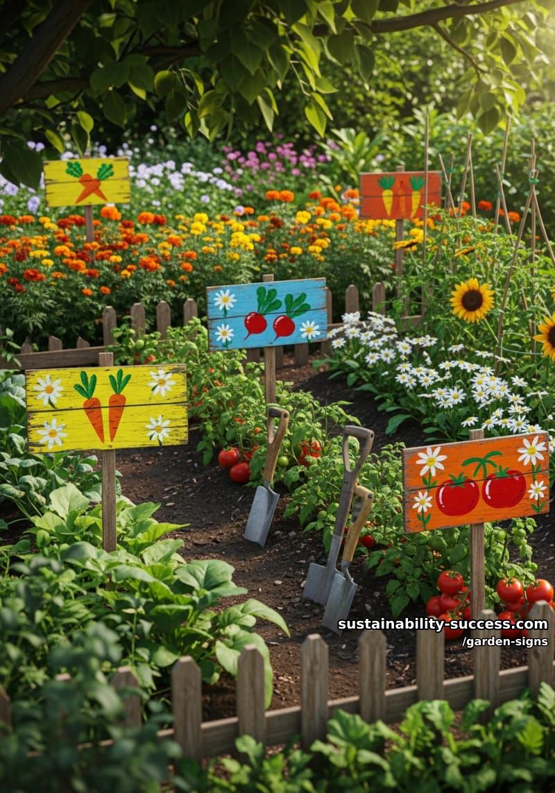garden filled with painted wooden signs among flowers and vegetable beds 1