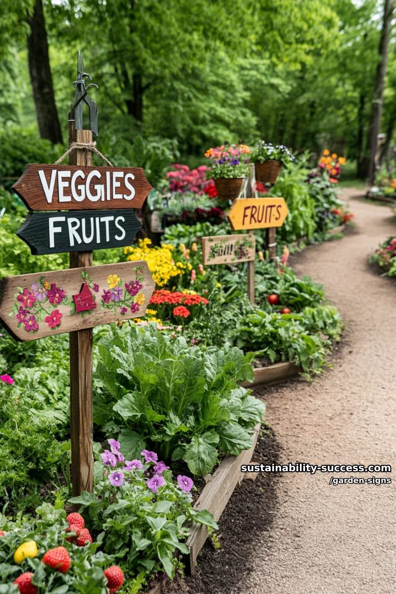 garden filled with painted wooden signs among flowers and vegetable beds 1