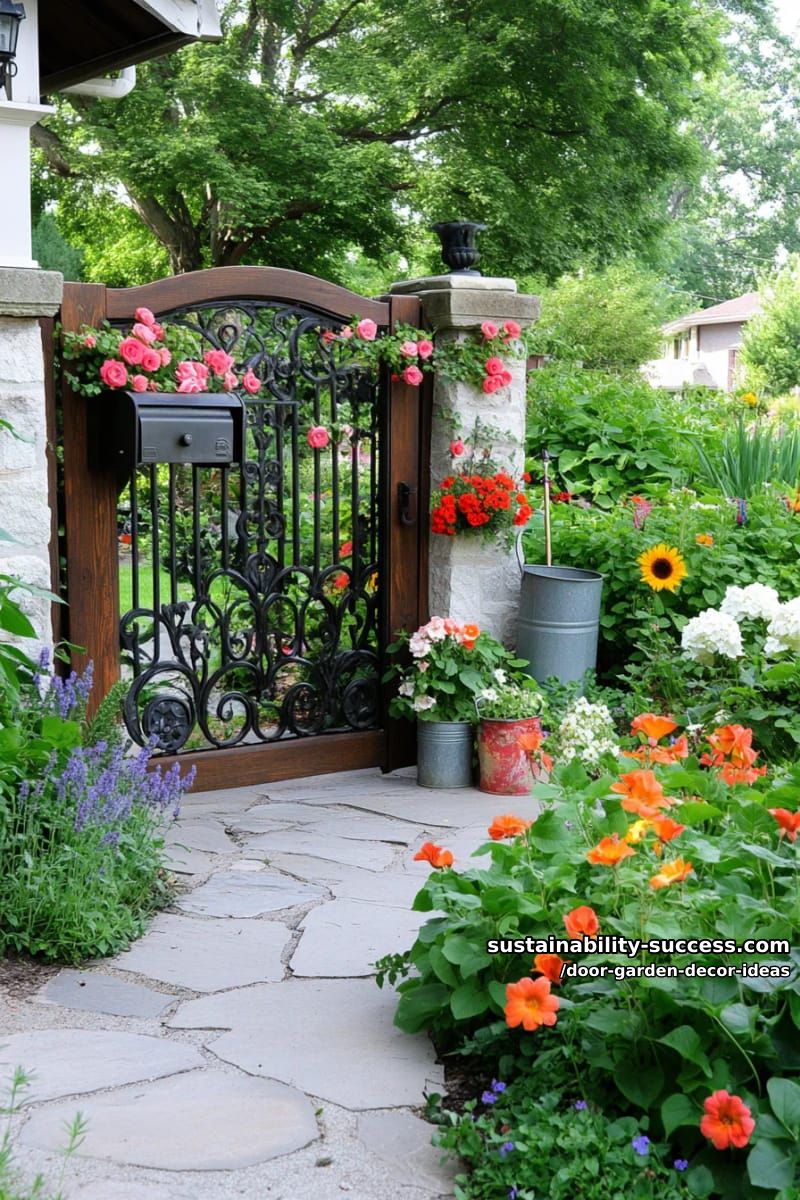 garden gate door with metal mailbox planter and vintage watering cans 1
