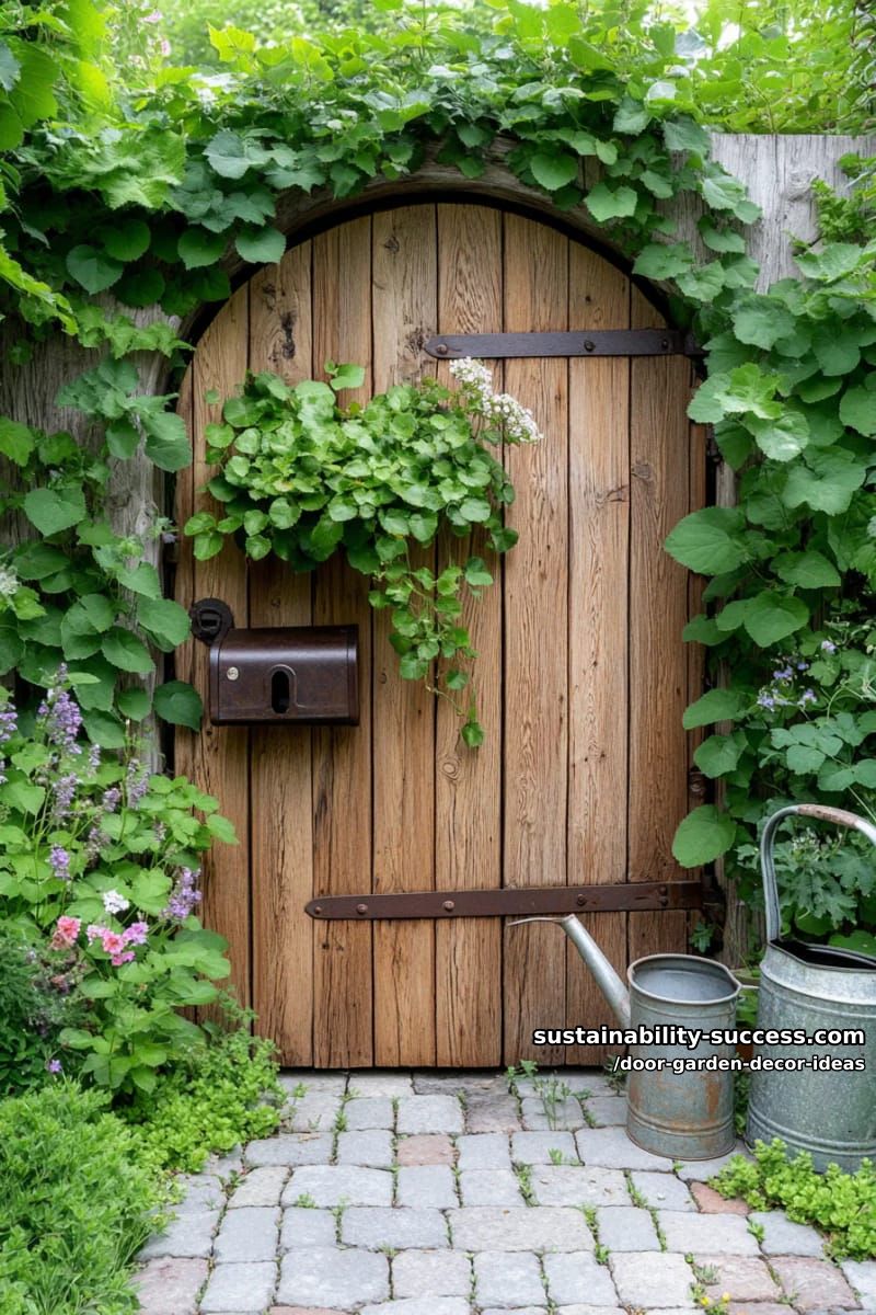 garden gate door with metal mailbox planter and vintage watering cans 1