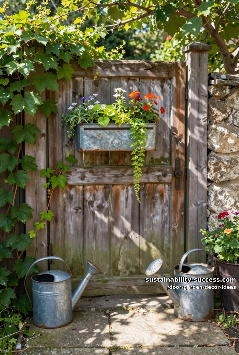 garden gate door with metal mailbox planter and vintage watering cans 1