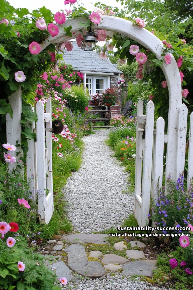 garden gates hidden by arching hollyhocks and silvery lamb’s ear 1
