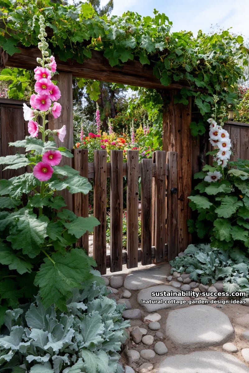 garden gates hidden by arching hollyhocks and silvery lamb’s ear 1