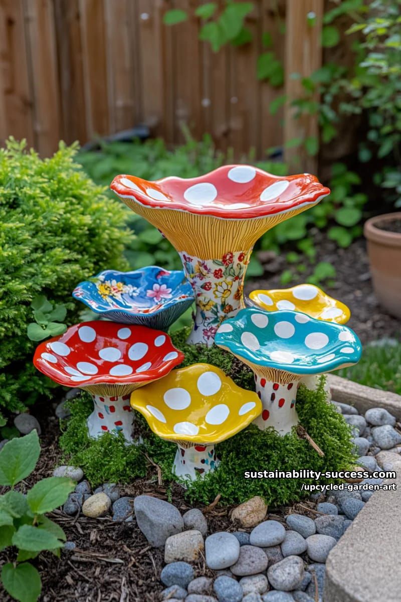 garden mushrooms crafted from painted glass bowls and vases 1