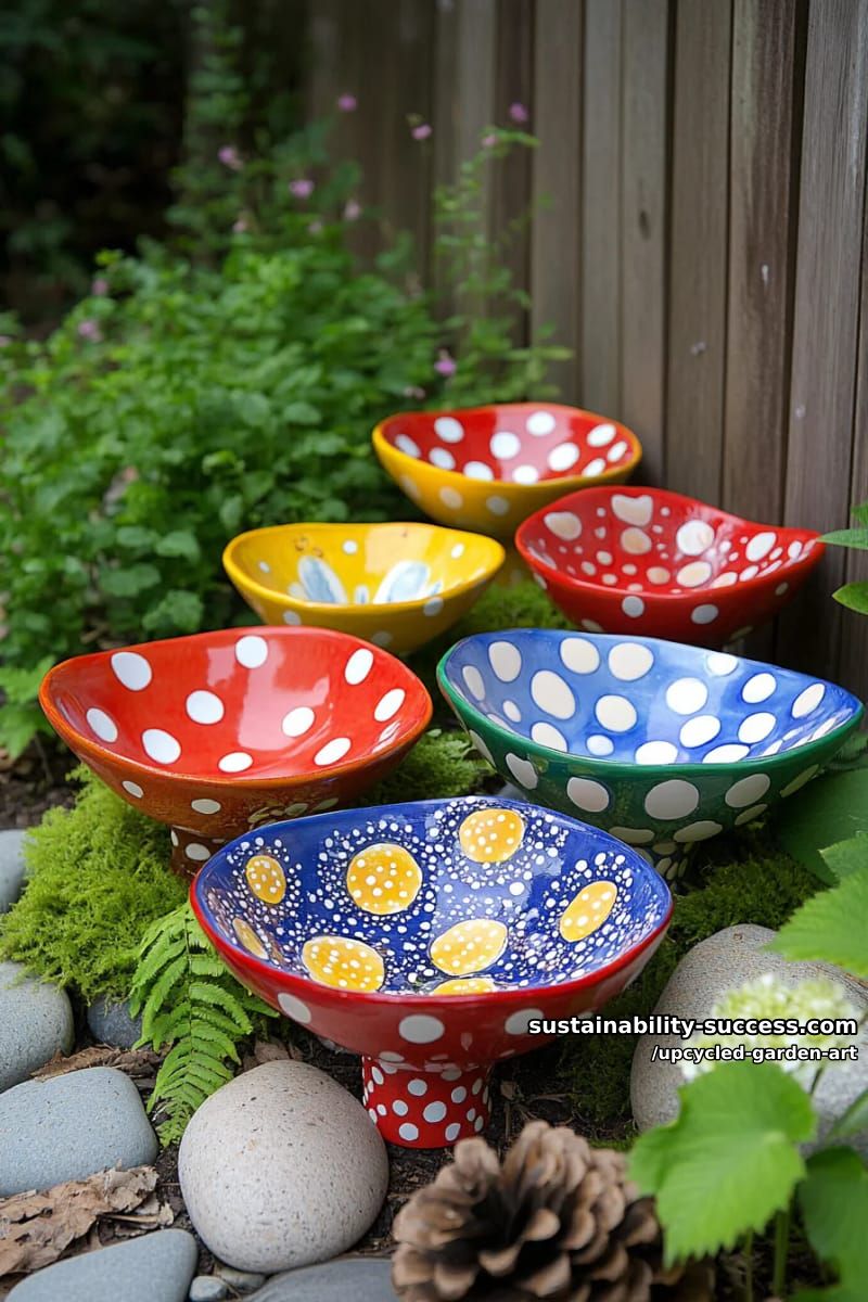 garden mushrooms crafted from painted glass bowls and vases 1