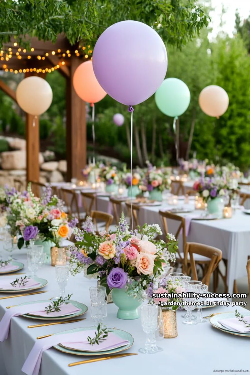 garden party tables with pastel linens, floral crowns, and dancing guests. 1