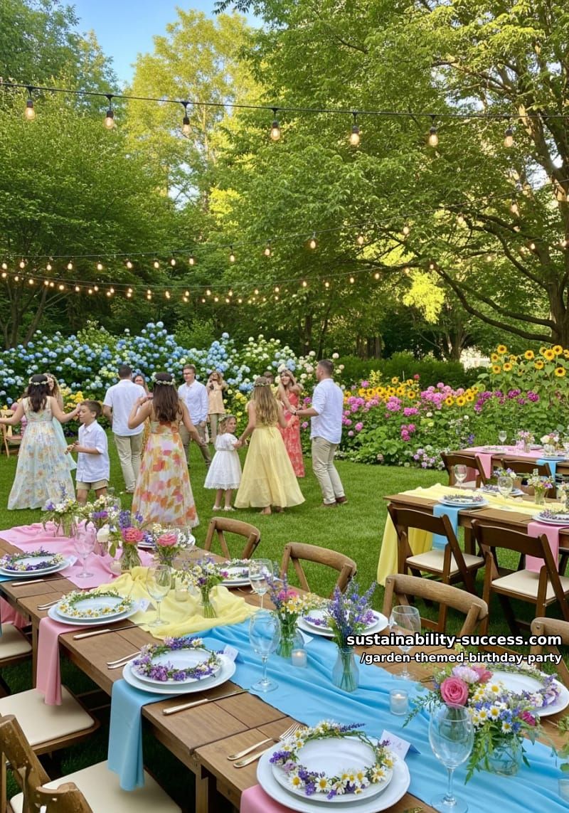 garden party tables with pastel linens, floral crowns, and dancing guests. 1