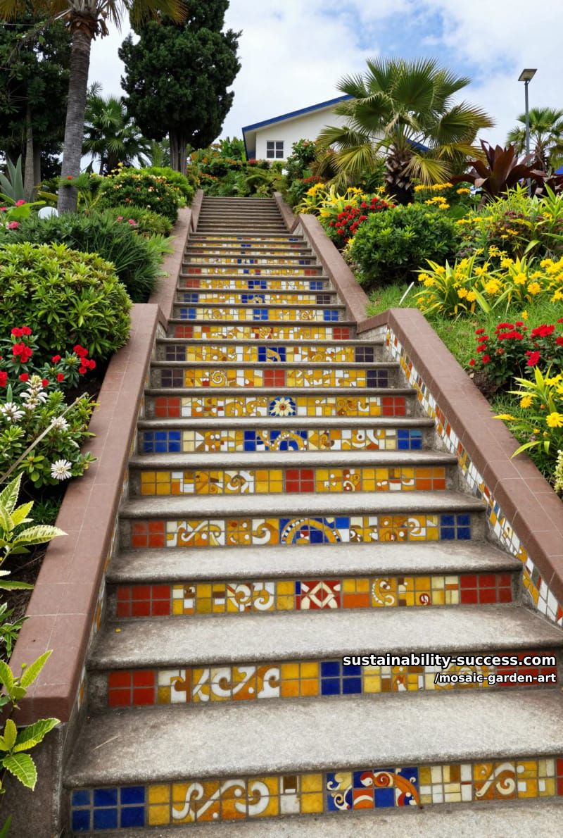 garden stone staircase with swirling colorful mosaic tile step patterns 1