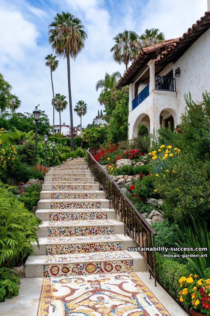 garden stone staircase with swirling colorful mosaic tile step patterns 1