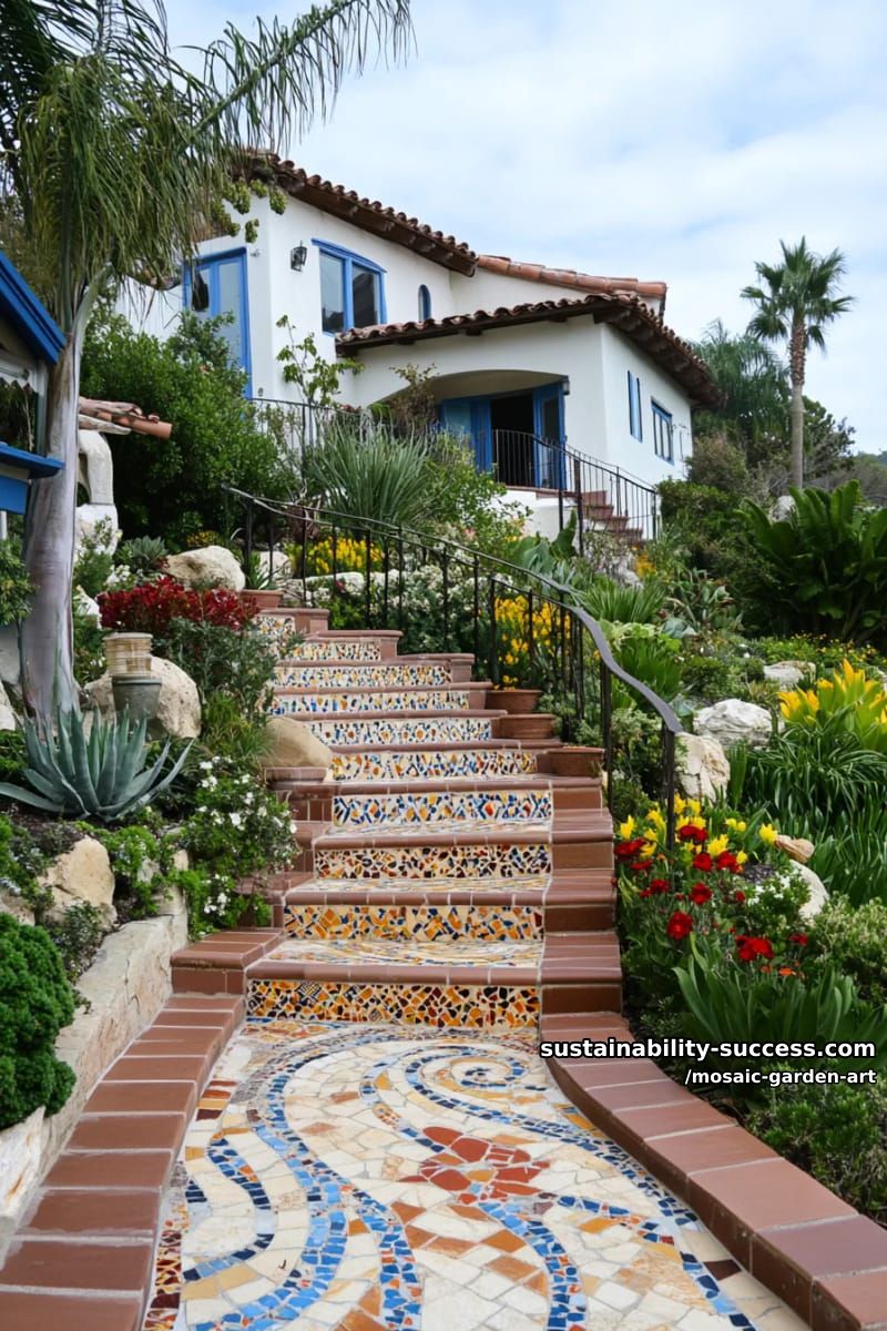 garden stone staircase with swirling colorful mosaic tile step patterns 1