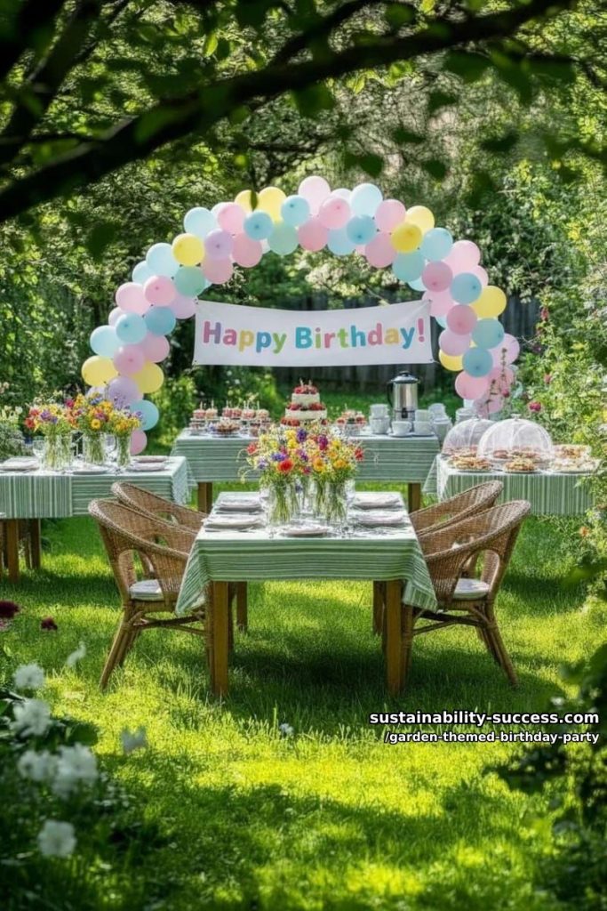 Sustainability Success 1 garden table with striped cloth and wildflower-filled vases. 26