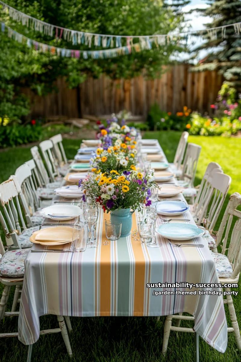 garden table with striped cloth and wildflower-filled vases. 1