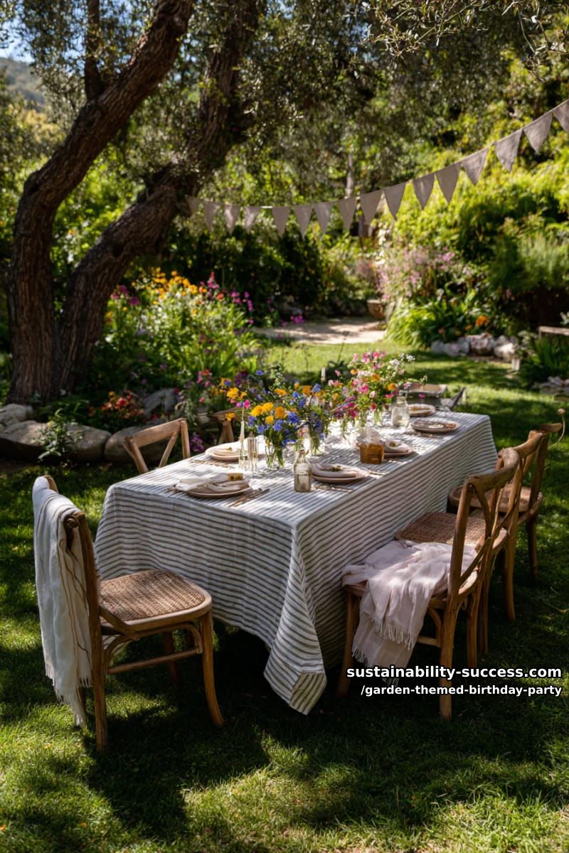 garden table with striped cloth and wildflower-filled vases. 1