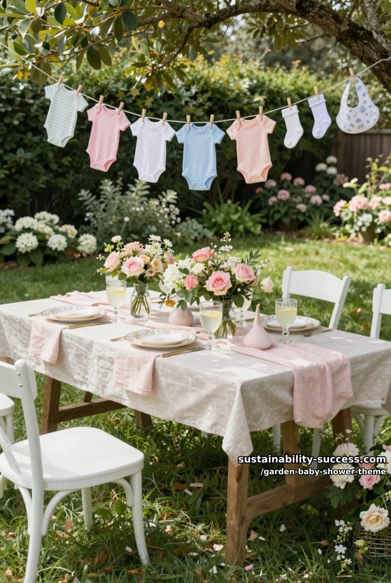 garden-themed party table with hanging pastel baby clothes and floral arrangements 1