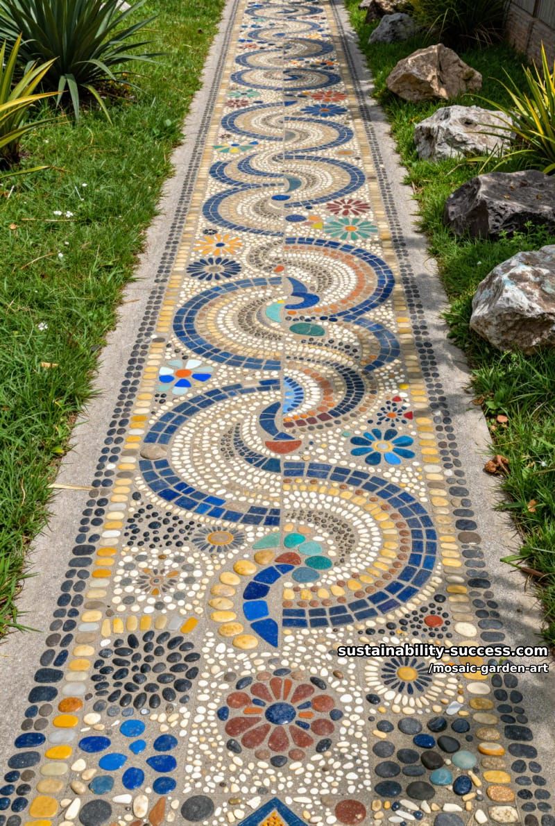 garden walkway of colorful tile, stone, and pebble mosaic designs 1