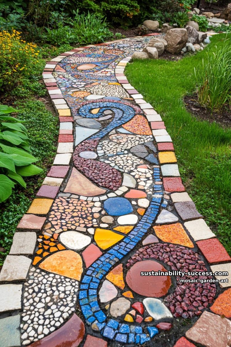 garden walkway of colorful tile, stone, and pebble mosaic designs 1