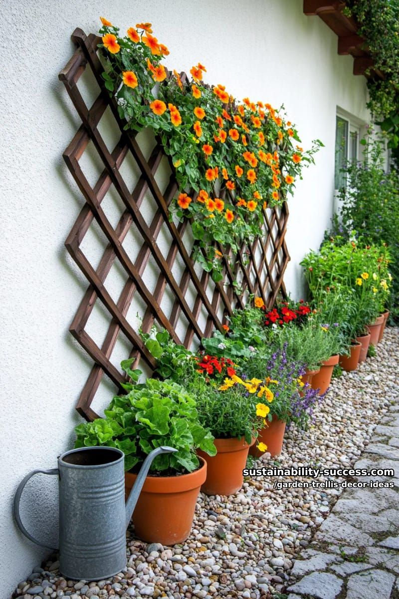 geometric diamond-pattern trellis adorned with climbing nasturtiums 1