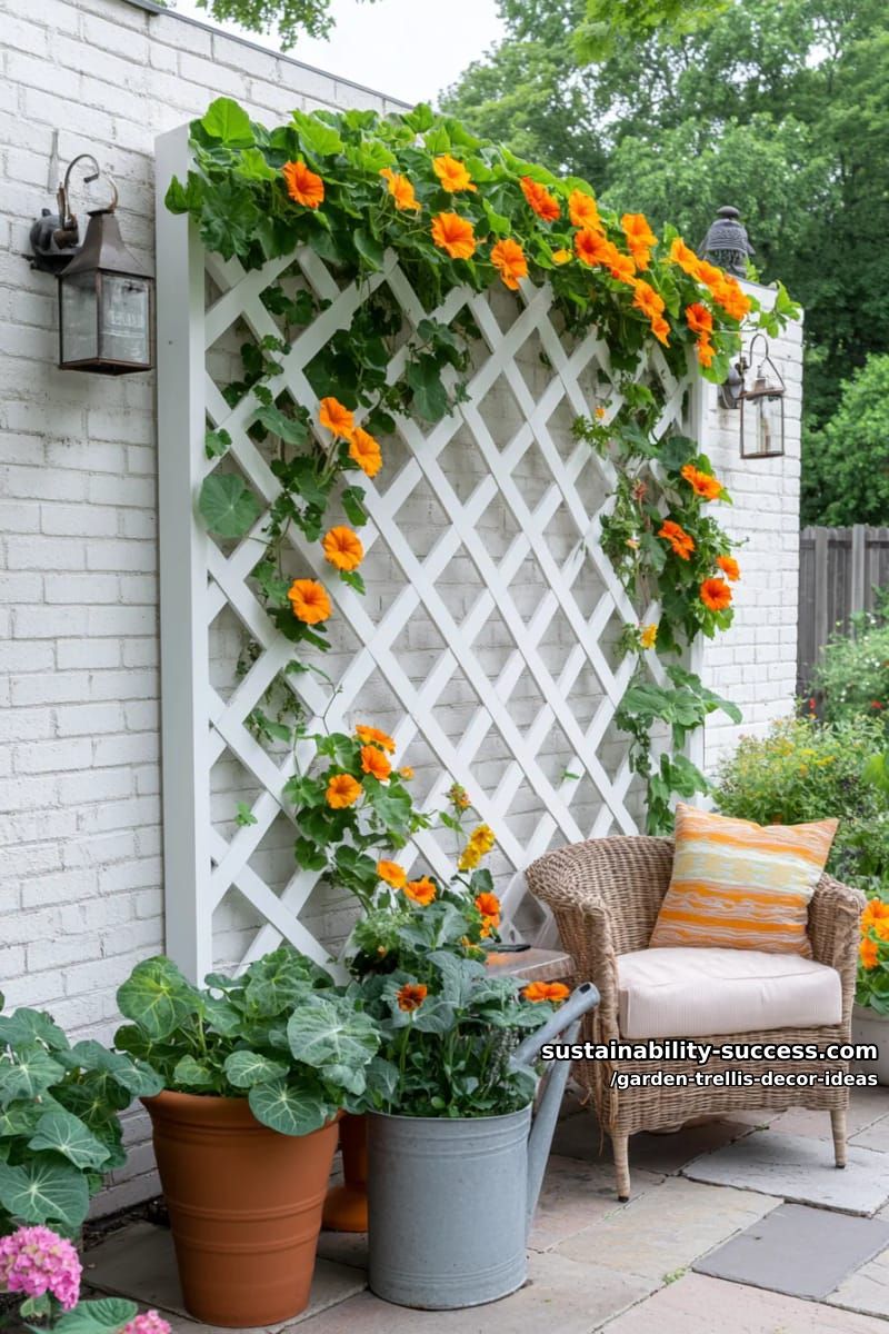 geometric diamond-pattern trellis adorned with climbing nasturtiums 1