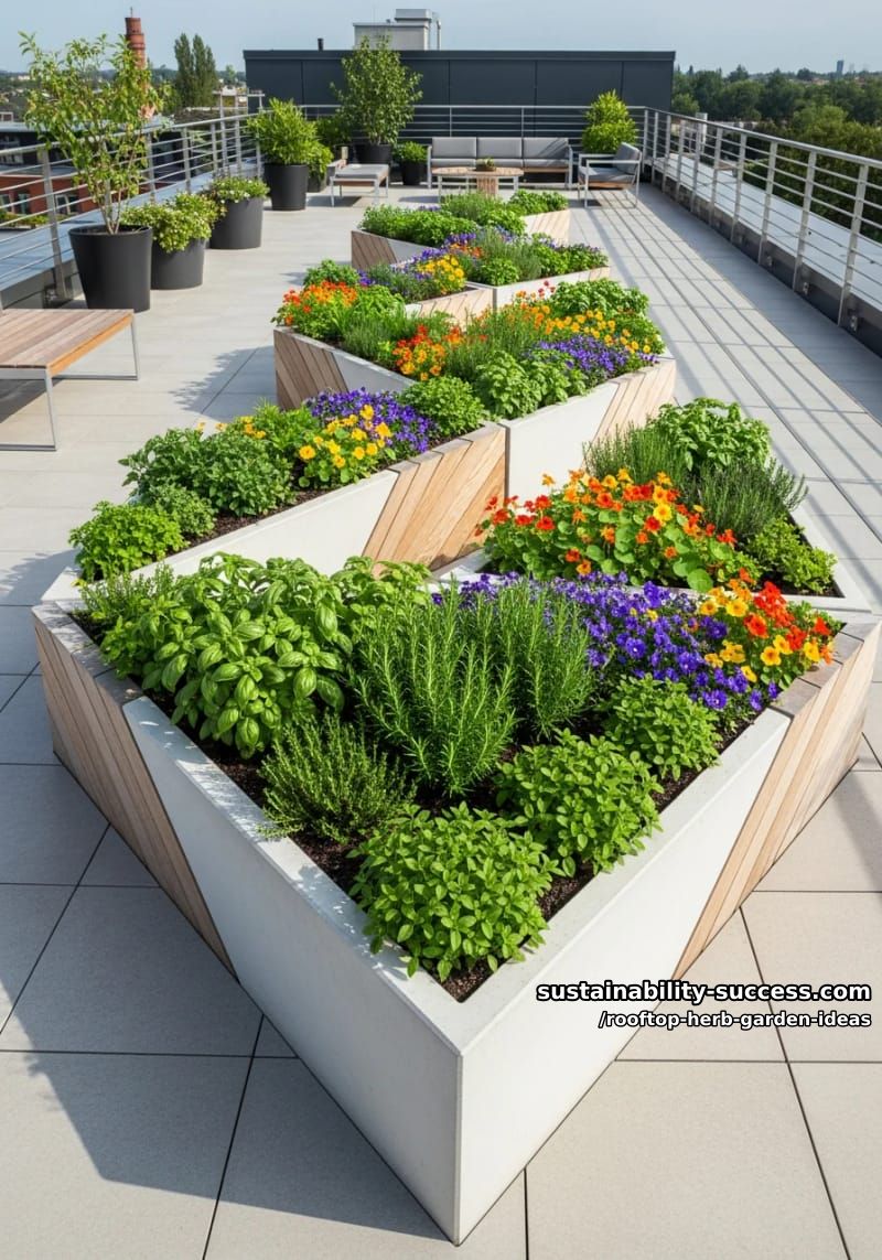 geometric raised beds with herbs and edible flowers for modern rooftop style 1