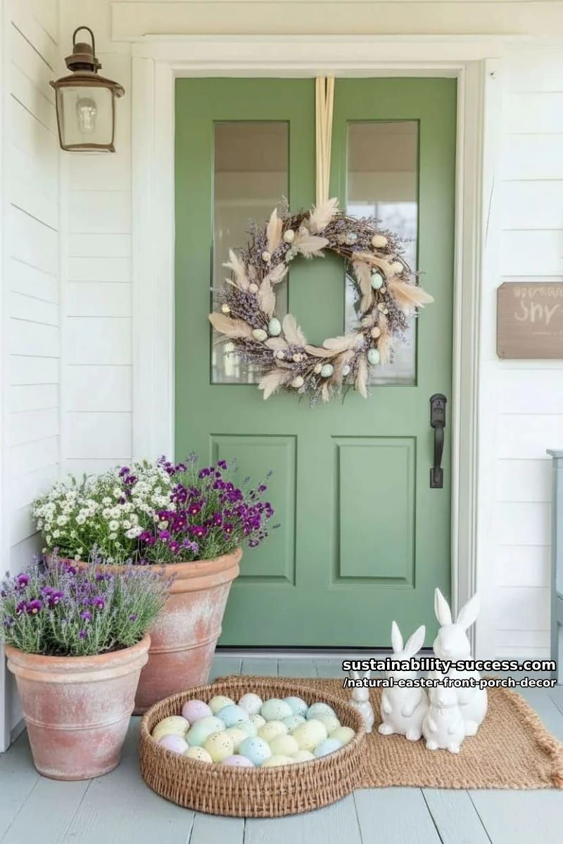 grapevine wreath adorned with dried lavender, feathers, and tiny speckled eggs 1