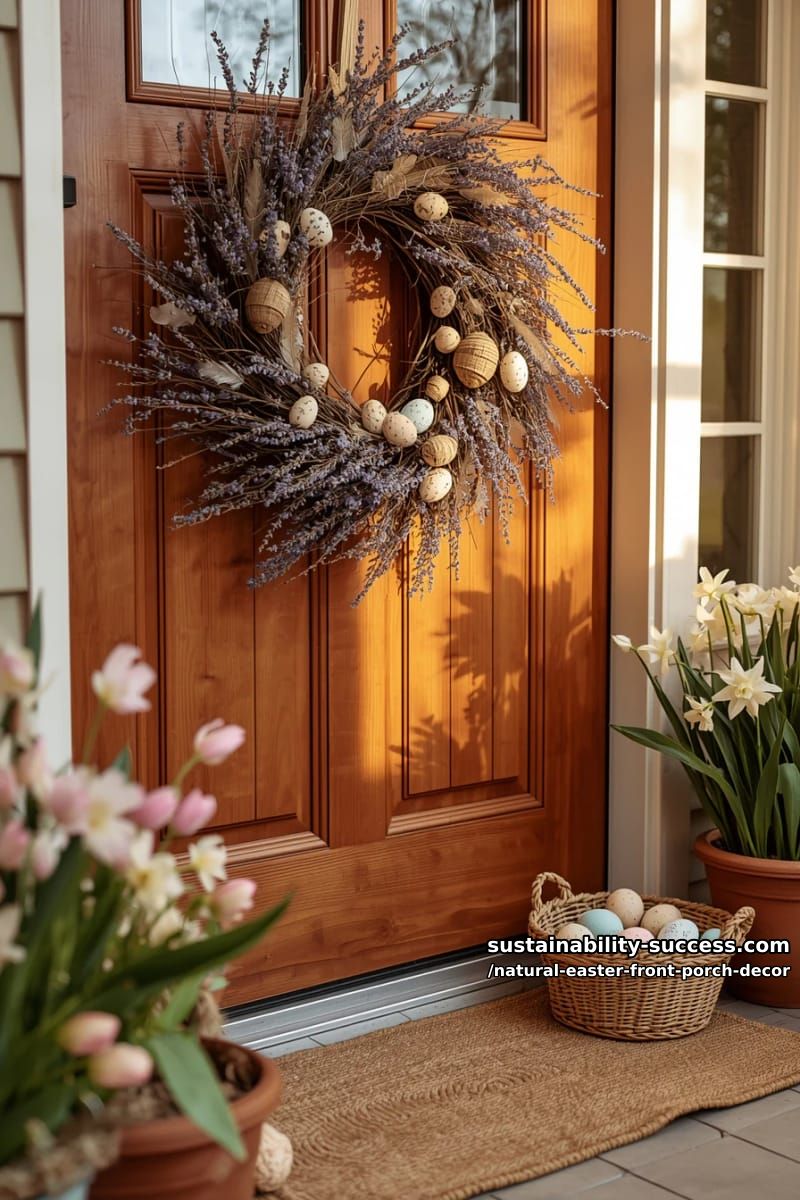 grapevine wreath adorned with dried lavender, feathers, and tiny speckled eggs 1
