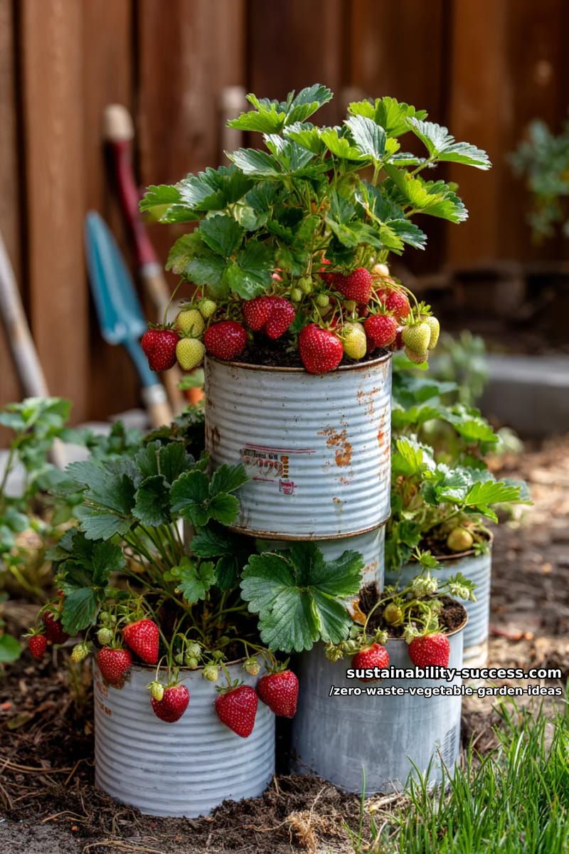 grow strawberries in stacked tin cans for a rustic vertical garden 1