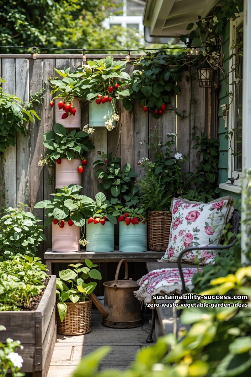 grow strawberries in stacked tin cans for a rustic vertical garden 1
