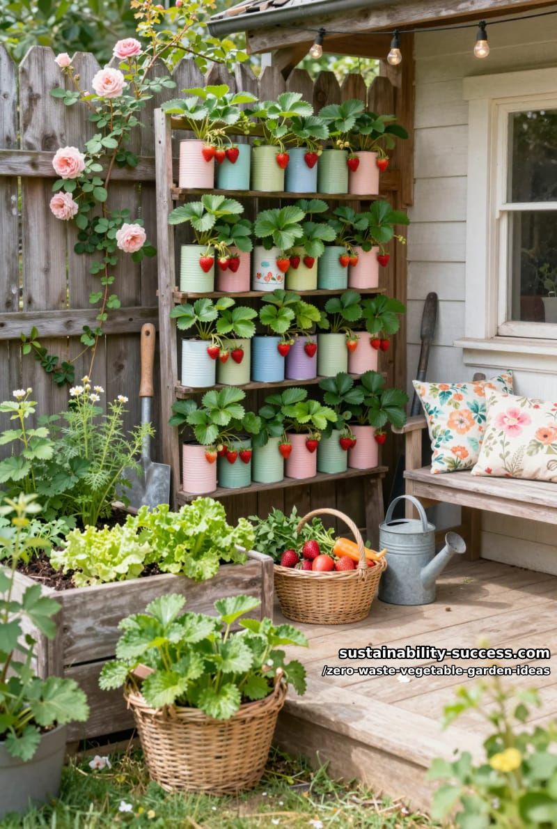 grow strawberries in stacked tin cans for a rustic vertical garden 1