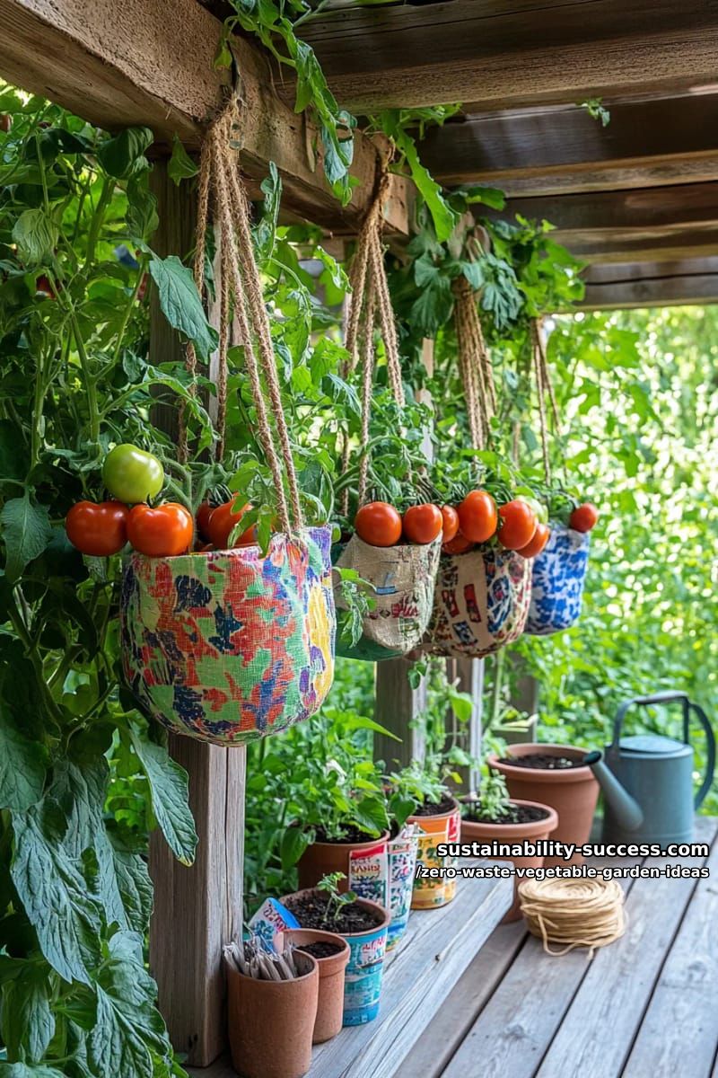 grow tomatoes in hanging baskets made from upcycled fabric grocery bags 1