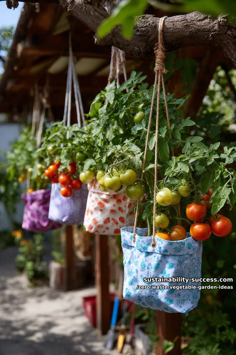 grow tomatoes in hanging baskets made from upcycled fabric grocery bags 1