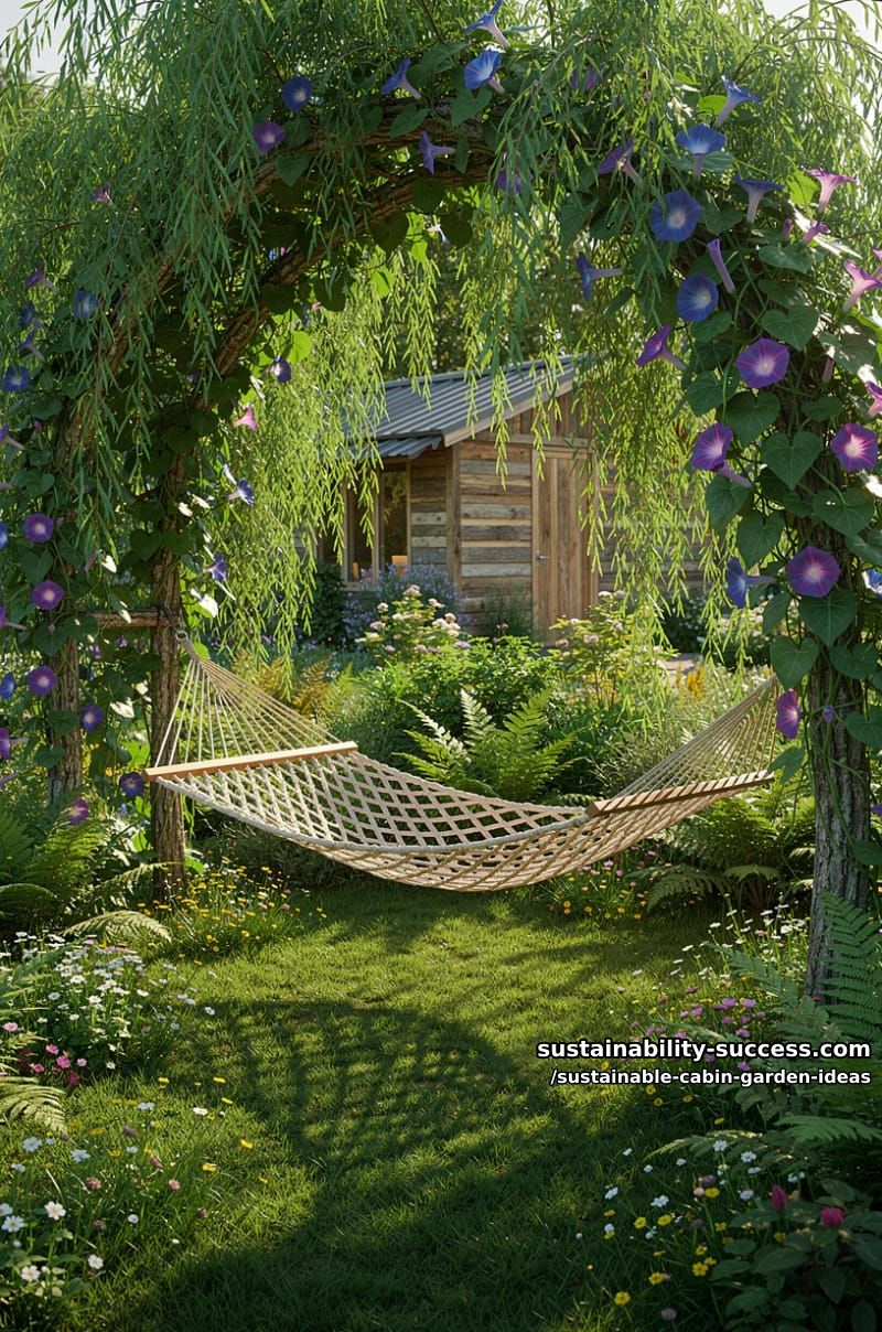 hammock corner under a natural willow arbor entwined with morning glories 1