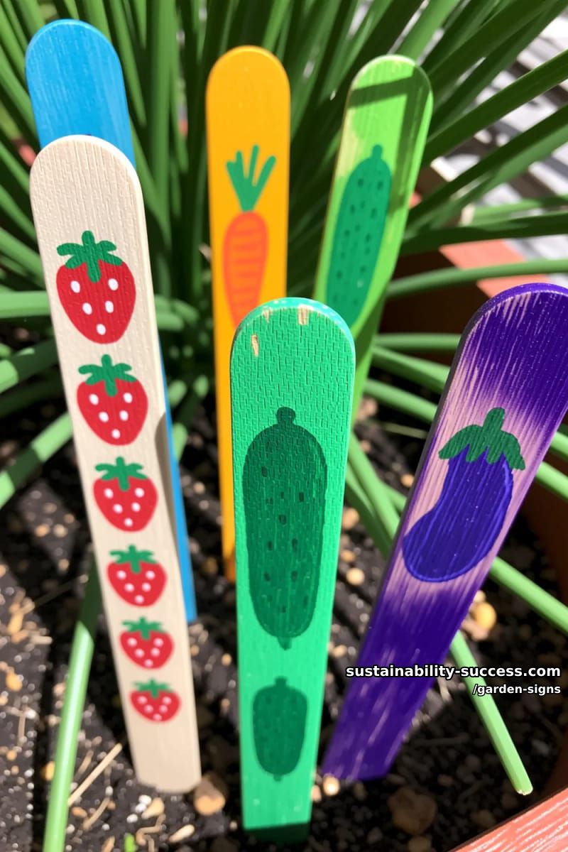 handmade popsicle stick garden markers with painted fruits and vegetables 1