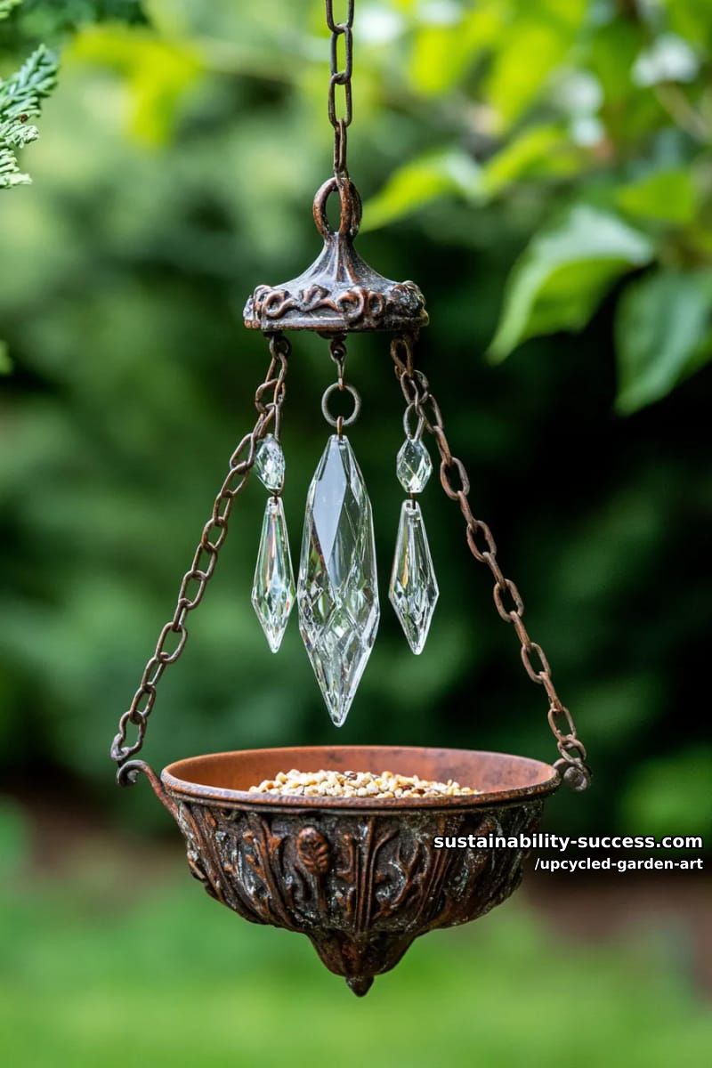 hanging chandelier bird feeder fashioned from vintage crystal pieces 1