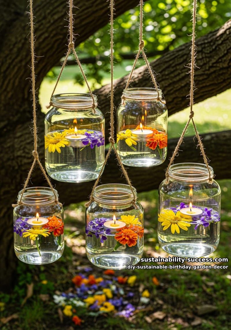 hanging glass jars filled with floating flowers and beeswax tea lights 1