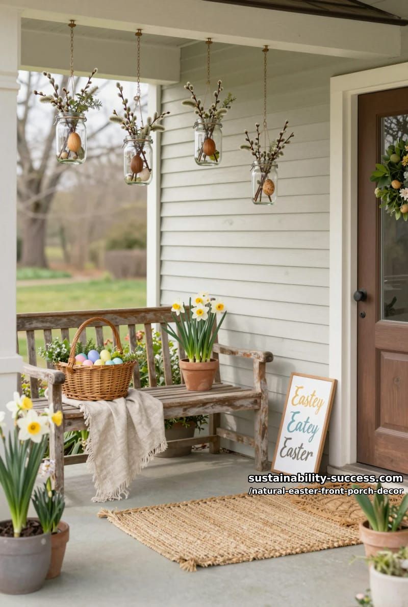 hanging glass jars with sprigs of pussy willow and wooden egg accents 1