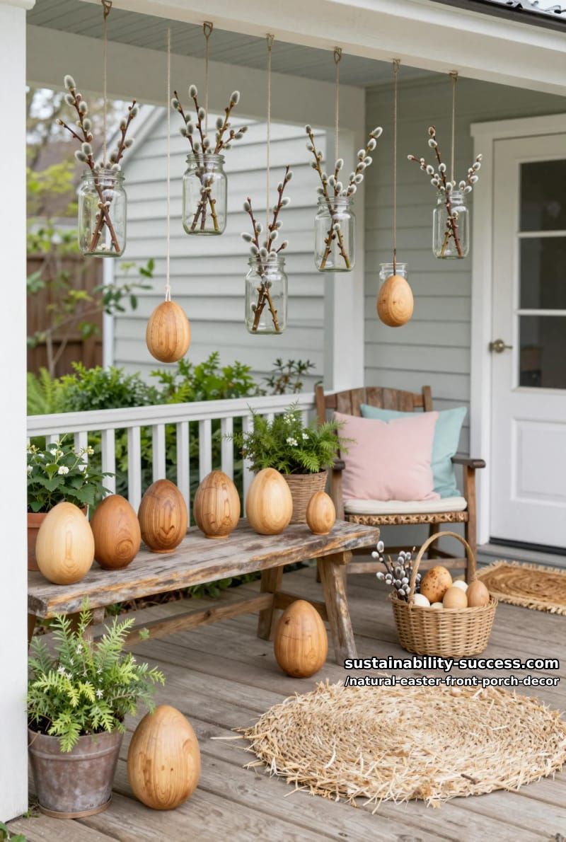 hanging glass jars with sprigs of pussy willow and wooden egg accents 1