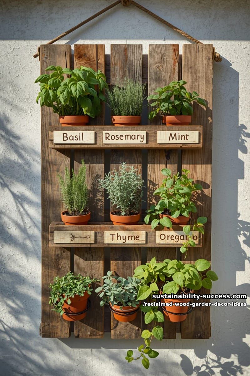 hanging pallet herb garden with hand-painted labels and trailing greenery 1
