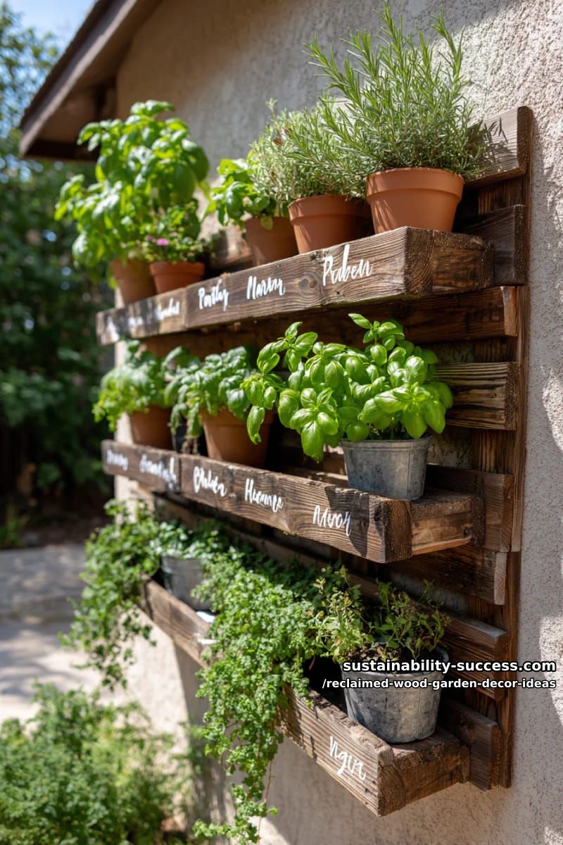 hanging pallet herb garden with hand-painted labels and trailing greenery 1